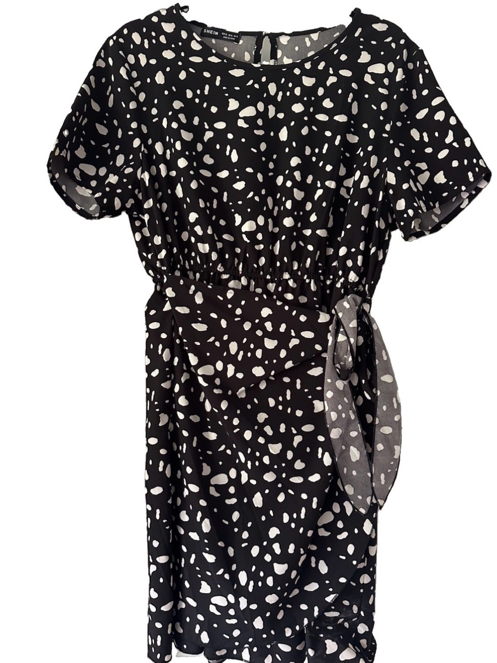 SHEIN Black and White Dalmatian Print Tie-Waist Dress